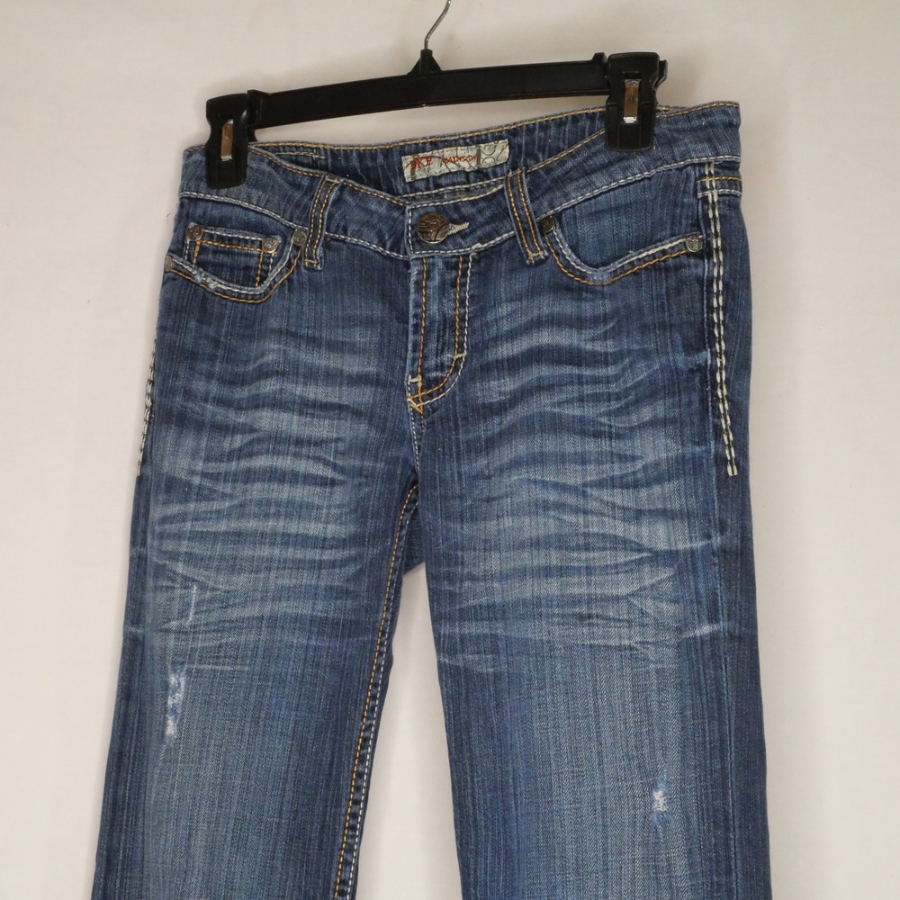 BKE Madison Flare Leg Jeans Medium Wash Distressed Flap Pocket 27x35.5 BWX2914A